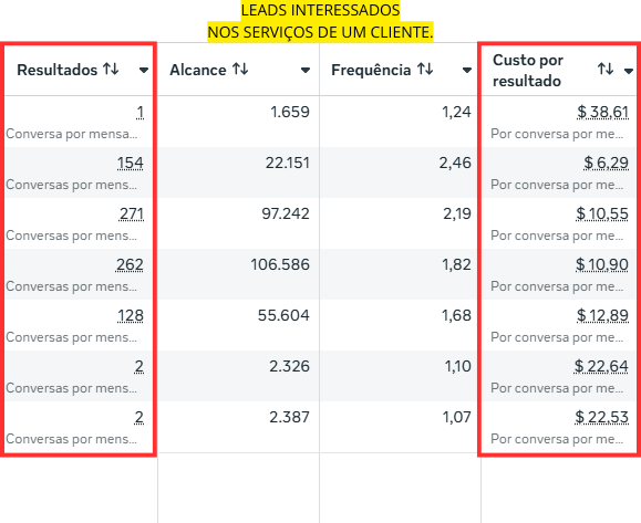 LEADS INTERESSADOS E CUSTOS DE OUTRO CLIENTE